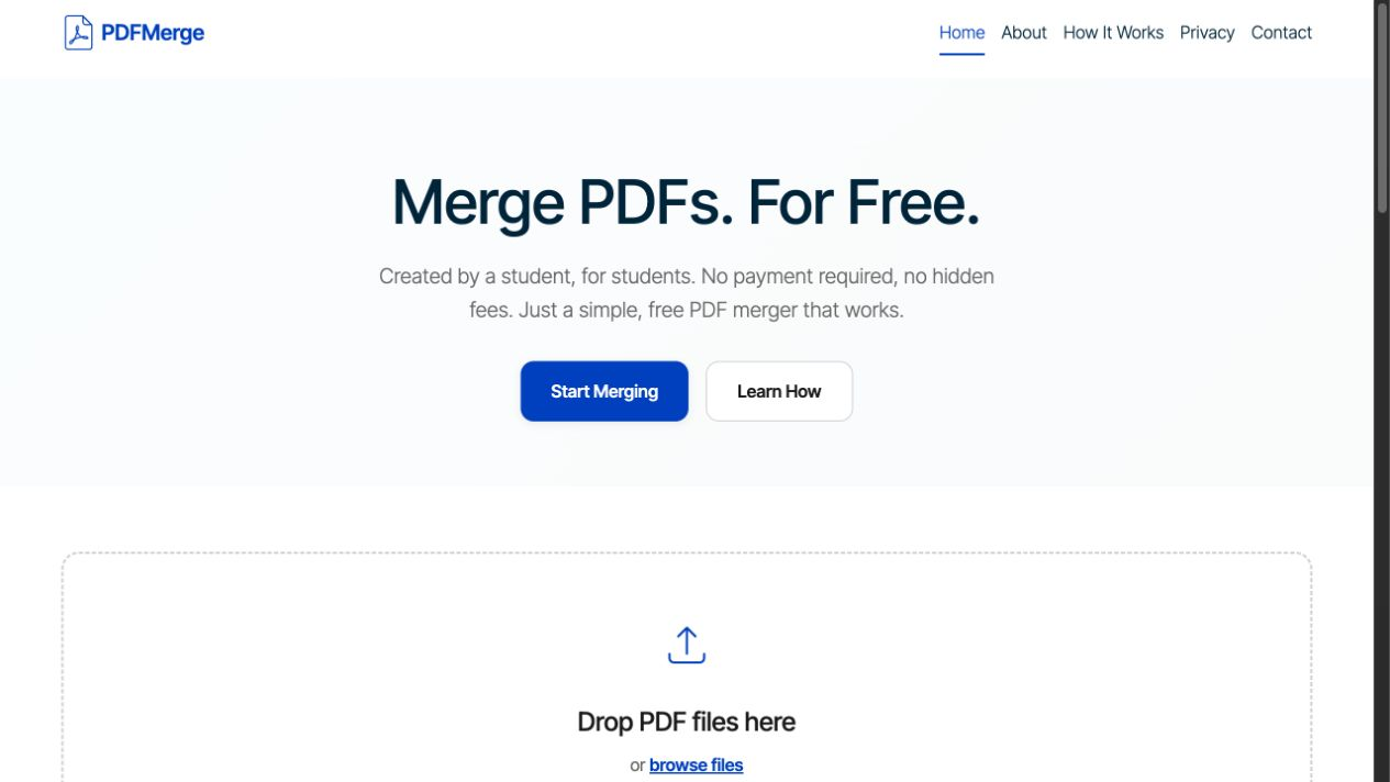 PDF Merge homepage with free document merging and file upload